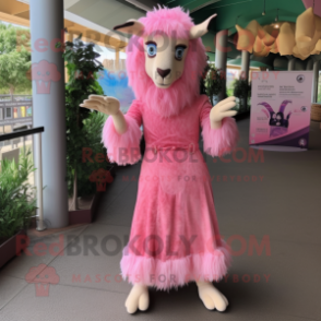 Pink Angora Goat mascot costume character dressed with a Maxi Dress and Cummerbunds