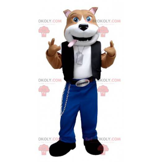 Brown and white dog mascot in young outfit - Redbrokoly.com