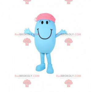 Maskottchen kleiner blauer und ovaler Mann mit einer rosa Kappe