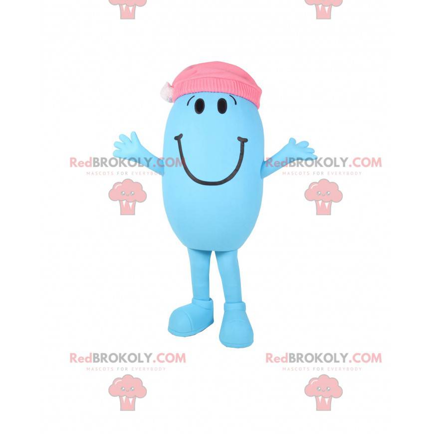 Mascotte kleine blauwe en ovale man met een roze pet -