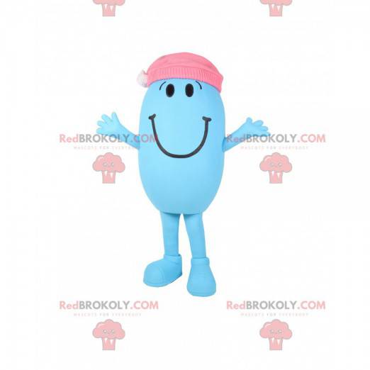 Maskot liten blå och oval man med en rosa keps - Redbrokoly.com