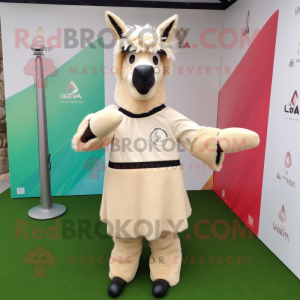 Beige Llama mascot costume character dressed with a Rugby Shirt and Hair clips