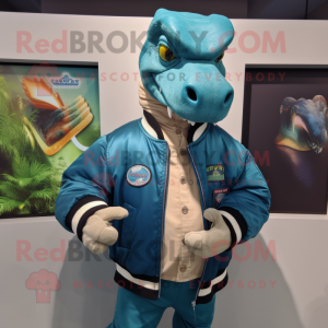 Teal Iguanodon mascot costume character dressed with a Bomber Jacket and Wallets