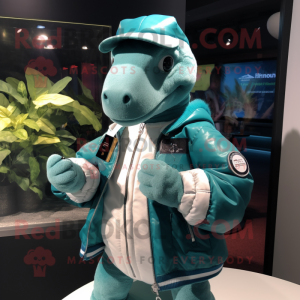 Teal Iguanodon mascot costume character dressed with a Bomber Jacket and Wallets
