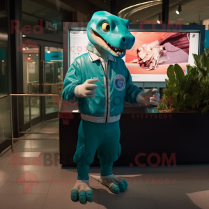Teal Iguanodon mascot costume character dressed with a Bomber Jacket and Wallets