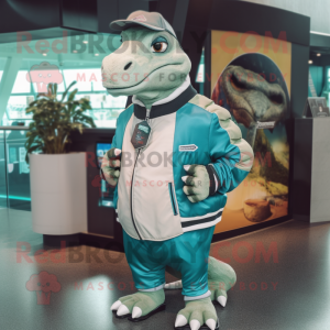 Teal Iguanodon mascot costume character dressed with a Bomber Jacket and Wallets