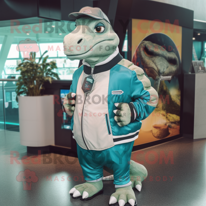 Teal Iguanodon mascot costume character dressed with a Bomber Jacket and Wallets Teal Iguanodon mascot costume character dressed with a Bomber Jacket and Wallets