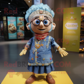 nan Biryani mascot costume character dressed with a Denim Shirt and Necklaces