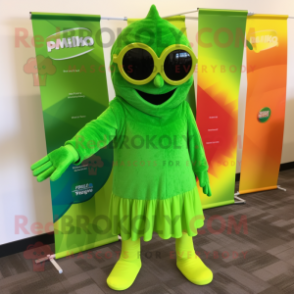 Lime Green Tikka Masala mascot costume character dressed with a Midi Dress and Sunglasses