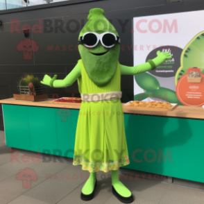 Lime Green Tikka Masala mascot costume character dressed with a Midi Dress and Sunglasses