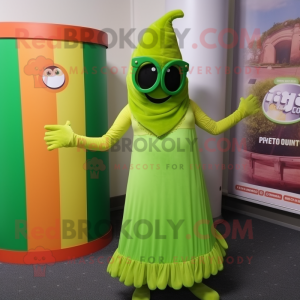 Lime Green Tikka Masala mascot costume character dressed with a Midi Dress and Sunglasses