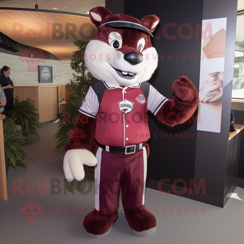 Maroon Skunk mascot costume character dressed with a Henley Tee and Brooches Maroon Skunk mascot costume character dressed with a Henley Tee and Brooches