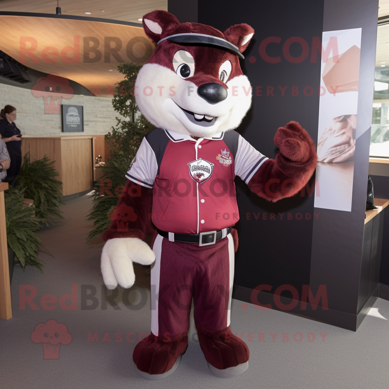 Maroon Skunk mascot costume character dressed with a Henley Tee and Brooches