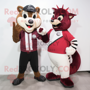 Maroon Skunk mascot costume character dressed with a Henley Tee and Brooches
