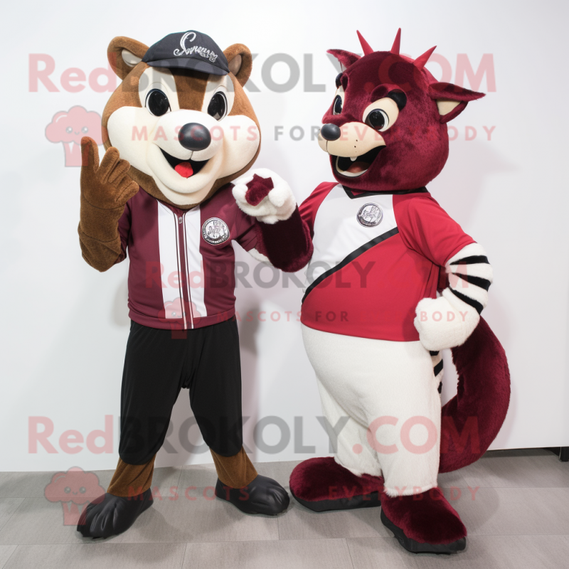 Maroon Skunk mascot costume character dressed with a Henley Tee and Brooches Maroon Skunk mascot costume character dressed with a Henley Tee and Brooches