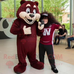 Maroon Skunk mascot costume character dressed with a Henley Tee and Brooches