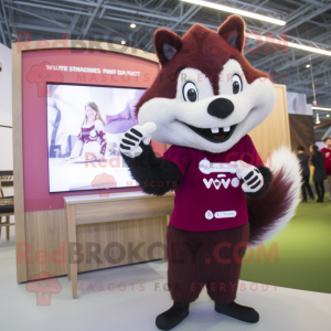 Maroon Skunk mascot costume character dressed with a Henley Tee and Brooches