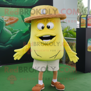 Lemon Yellow Pulled Pork Sandwich mascot costume character dressed with a Bermuda Shorts and Hat pins