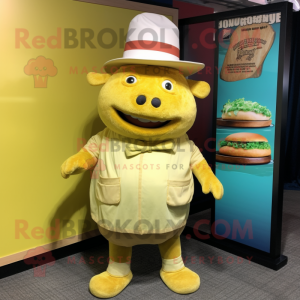 Lemon Yellow Pulled Pork Sandwich mascot costume character dressed with a Bermuda Shorts and Hat pins