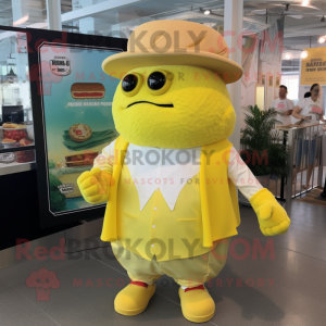 Lemon Yellow Pulled Pork Sandwich mascot costume character dressed with a Bermuda Shorts and Hat pins