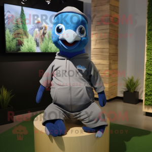 Olive Blue Jay mascot costume character dressed with a Sweatshirt and Beanies