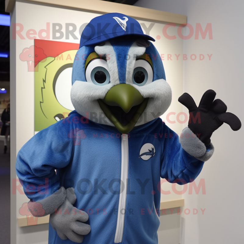 Olive Blue Jay mascot costume character dressed with a Sweatshirt and Beanies Olive Blue Jay mascot costume character dressed with a Sweatshirt and Beanies
