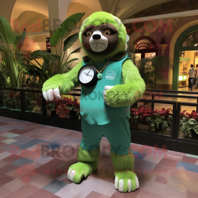 Green Giant Sloth mascot costume character dressed with a Bermuda Shorts and Bracelet watches