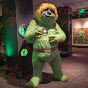 Green Giant Sloth mascot costume character dressed with a Bermuda Shorts and Bracelet watches