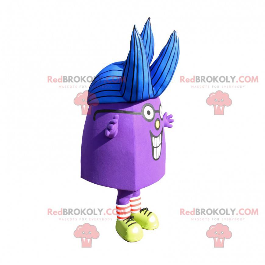 Lilla karakter maskot med blått hår - Redbrokoly.com
