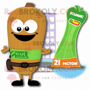Tan Zucchini mascot costume character dressed with a One-Piece Swimsuit and Wraps