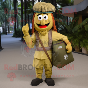 Olive Chief mascot costume character dressed with a Cargo Pants and Clutch bags