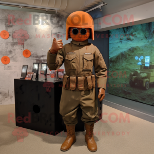 Rust Army Soldier mascot costume character dressed with a Wrap Dress and Hairpins