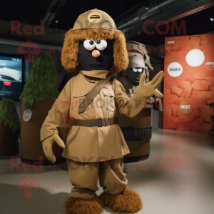 Rust Army Soldier mascot costume character dressed with a Wrap Dress and Hairpins