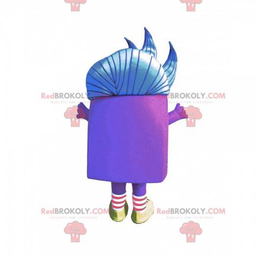 Mascotte de personnage violet avec des cheveux bleus -