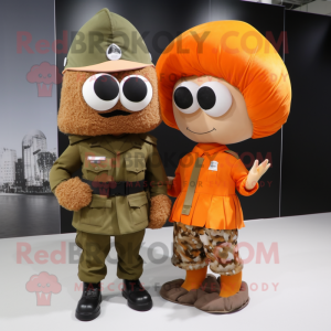 Rust Army Soldier mascot costume character dressed with a Wrap Dress and Hairpins