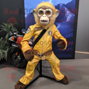 Gold Capuchin Monkey mascot costume character dressed with a Moto Jacket and Pocket squares