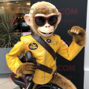 Gold Capuchin Monkey mascot costume character dressed with a Moto Jacket and Pocket squares
