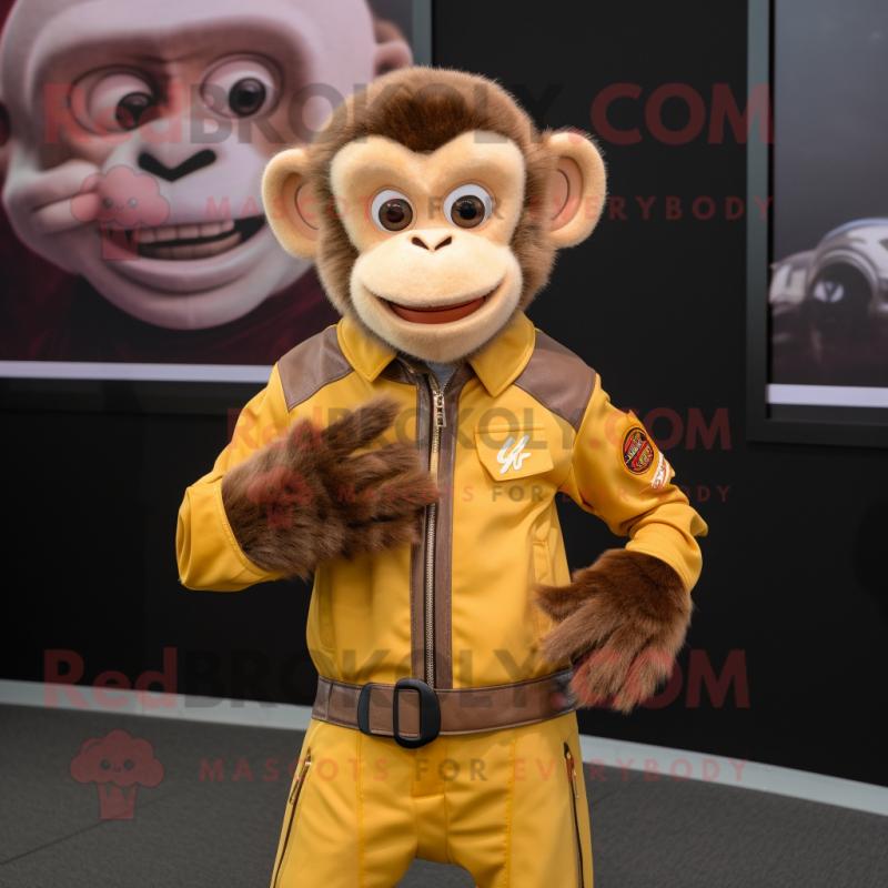 Gold Capuchin Monkey mascot costume character dressed with a Moto Jacket and Pocket squares