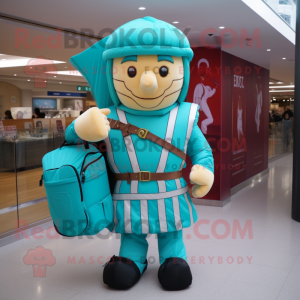 Turquoise Roman Soldier mascot costume character dressed with a Oxford Shirt and Backpacks