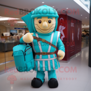Turquoise Roman Soldier mascot costume character dressed with a Oxford Shirt and Backpacks