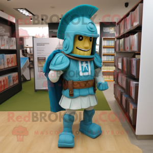 Turquoise Roman Soldier mascot costume character dressed with a Oxford Shirt and Backpacks