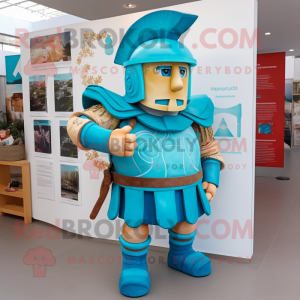 Turquoise Roman Soldier mascot costume character dressed with a Oxford Shirt and Backpacks