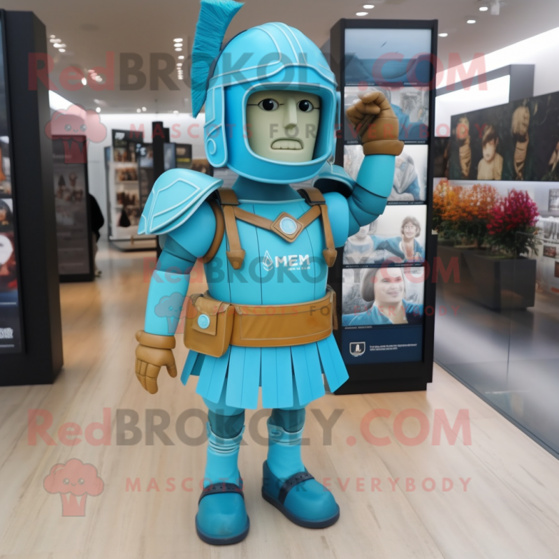 Turquoise Roman Soldier mascot costume character dressed with a Oxford Shirt and Backpacks