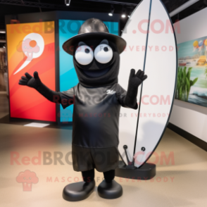 Black Surfboard mascot costume character dressed with a Raincoat and Caps