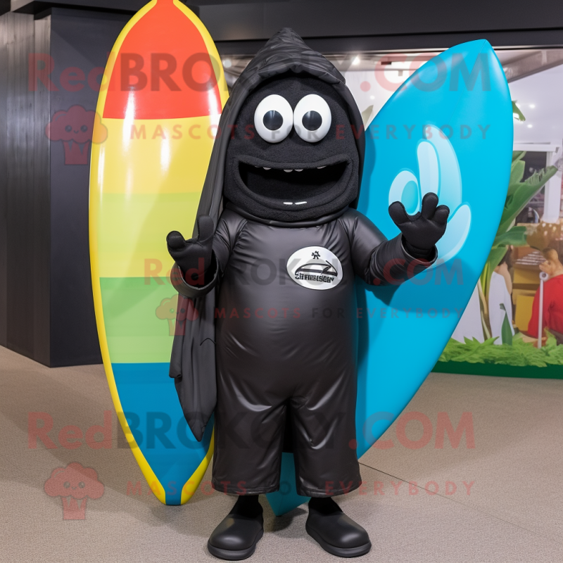 Black Surfboard mascot costume character dressed with a Raincoat and Caps Black Surfboard mascot costume character dressed with a Raincoat and Caps
