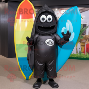 Black Surfboard mascot costume character dressed with a Raincoat and Caps
