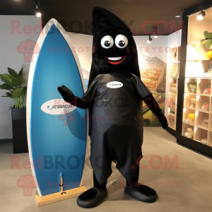 Black Surfboard mascot costume character dressed with a Raincoat and Caps