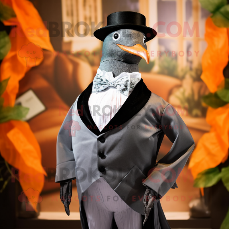Gray Passenger Pigeon mascot costume character dressed with a Tuxedo and Suspenders Gray Passenger Pigeon mascot costume character dressed with a Tuxedo and Suspenders