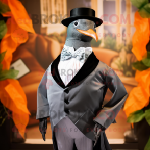 Gray Passenger Pigeon mascot costume character dressed with a Tuxedo and Suspenders