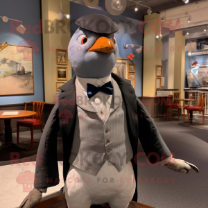 Gray Passenger Pigeon mascot costume character dressed with a Tuxedo and Suspenders